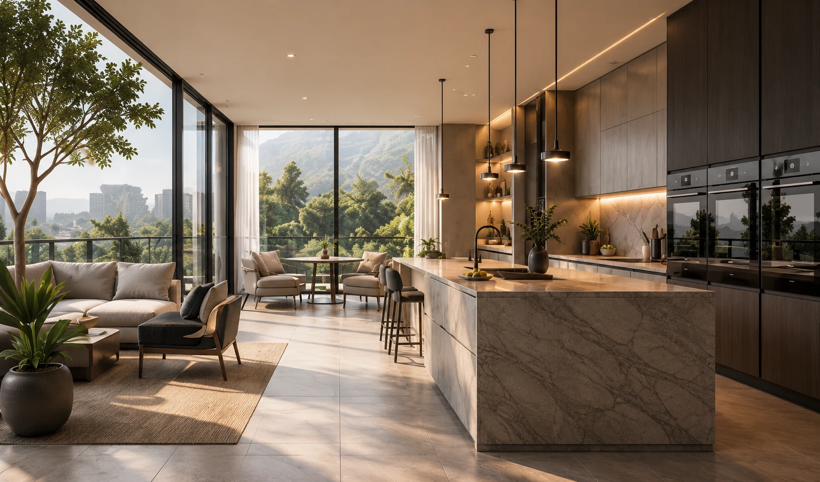 Daylit kitchen and living room with garden windows, walnut cabinetry, and a stone island